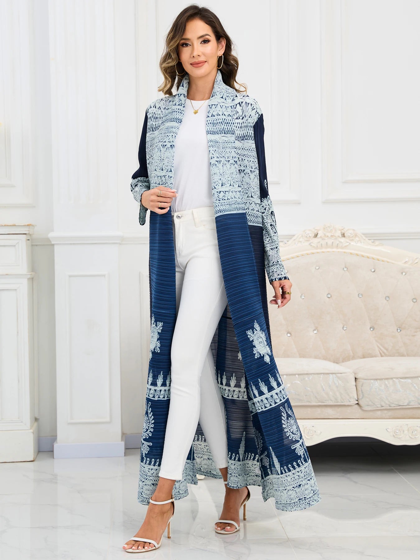 Eid Abaya Dubai Luxury For Women Miyake Pleated Plus Size Middle Eastern Clothing Long Sleeve Coat With Belt Female Formal Robe--Color: Dark Blue