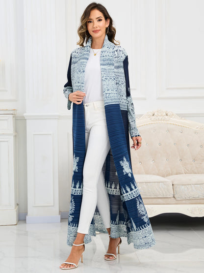 Eid Abaya Dubai Luxury For Women Miyake Pleated Plus Size Middle Eastern Clothing Long Sleeve Coat With Belt Female Formal Robe--Color: Dark Blue