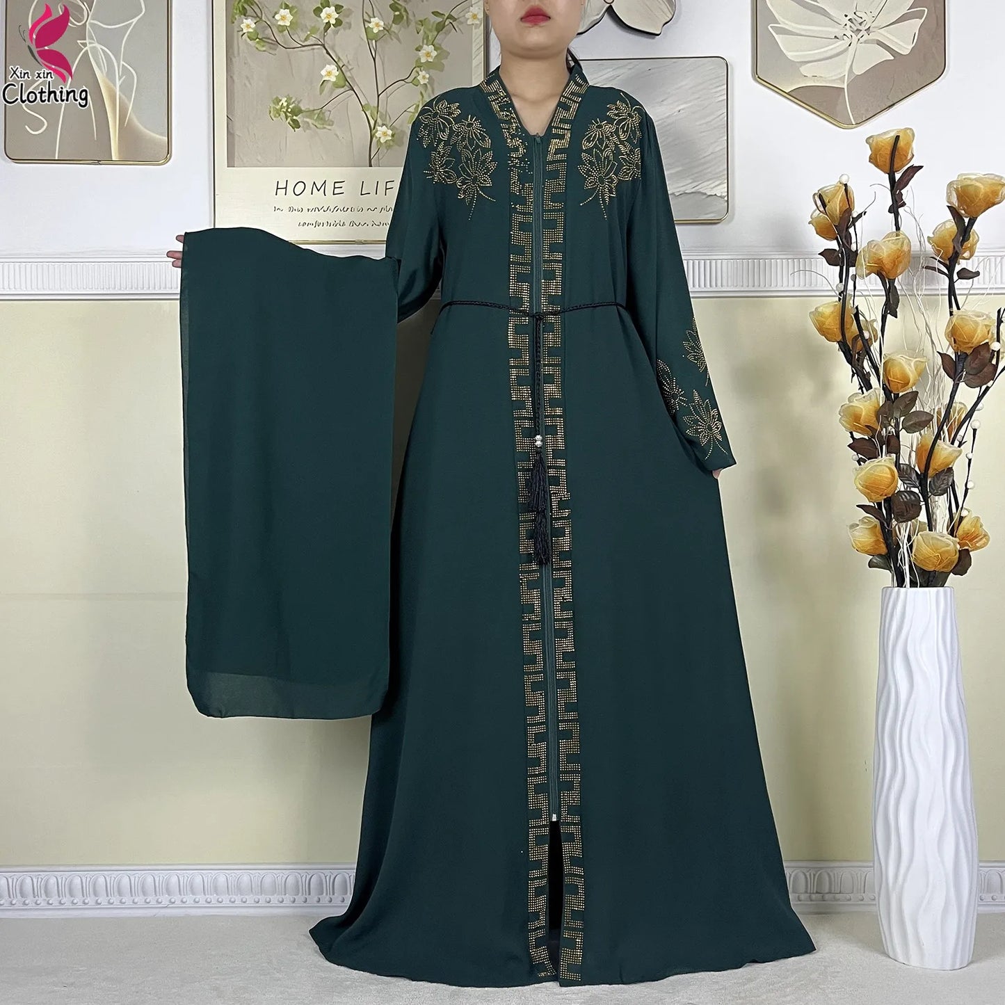 New Muslim Abayas For Women Long Sleeved Dress Dubai Lady Elegant Long Dress Islam Clothing African Abaya Loose Robe With Turban--Color: LS821-6