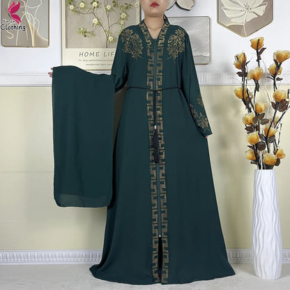 New Muslim Abayas For Women Long Sleeved Dress Dubai Lady Elegant Long Dress Islam Clothing African Abaya Loose Robe With Turban--Color: LS821-6