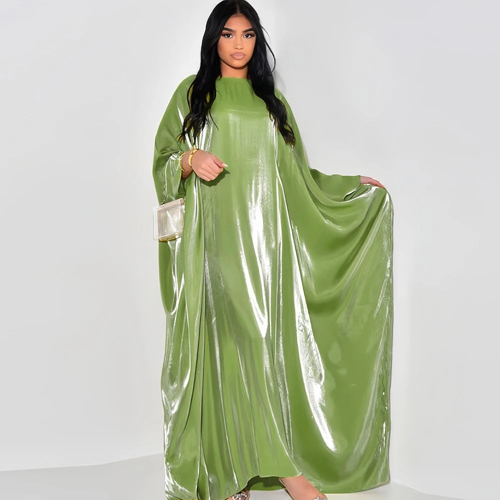 ramadan Eid Abayas For Women Modest Fashion Shimmer Batwing Satin Abaya Dubai Luxury 2024 Muslim Kaftan Dress Kebaya Vestidos--Color: Beige