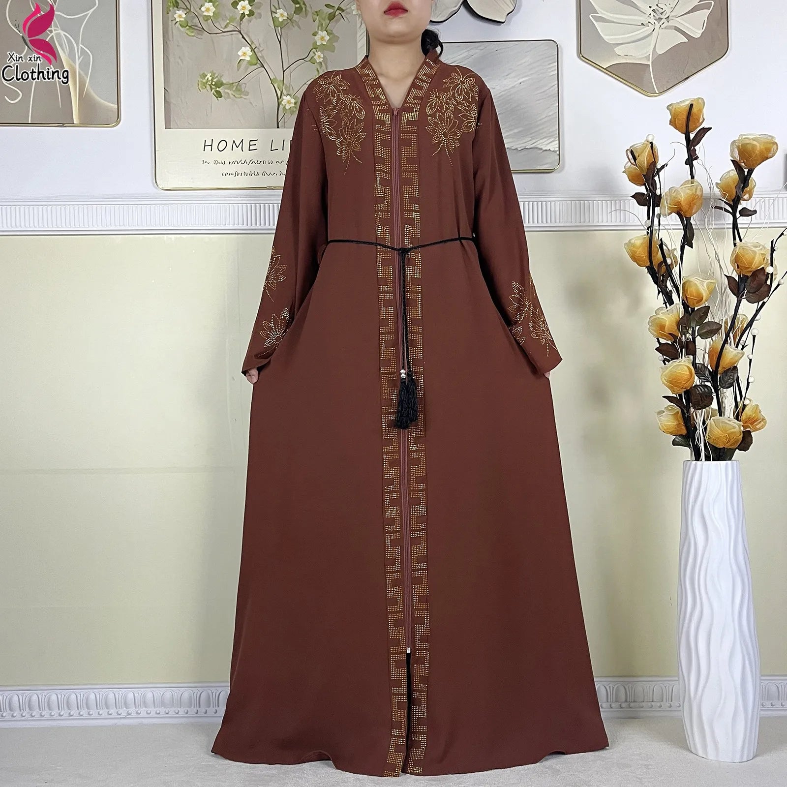 New Muslim Abayas For Women Long Sleeved Dress Dubai Lady Elegant Long Dress Islam Clothing African Abaya Loose Robe With Turban--Color: LS821-11