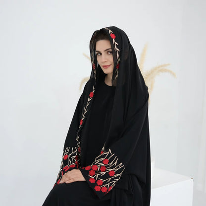 Open Abaya Dubai Embroidery Muslim Hijab Dress Women Islam Clothing Turkey Kaftan Kimono Jalabiya Kebaya Caftan Marocain Femme--Color: Red Abaya