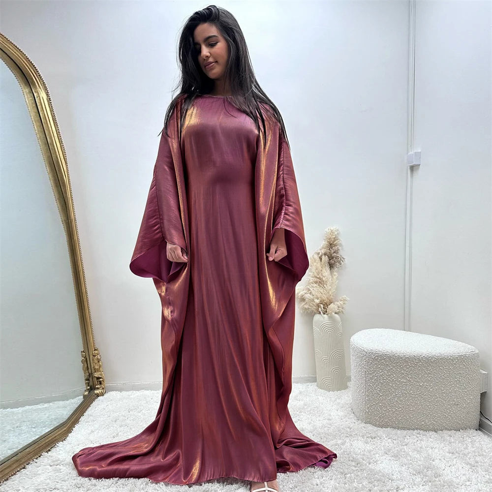ramadan Eid Abayas For Women Modest Fashion Shimmer Batwing Satin Abaya Dubai Luxury 2024 Muslim Kaftan Dress Kebaya Vestidos--Color: Beige