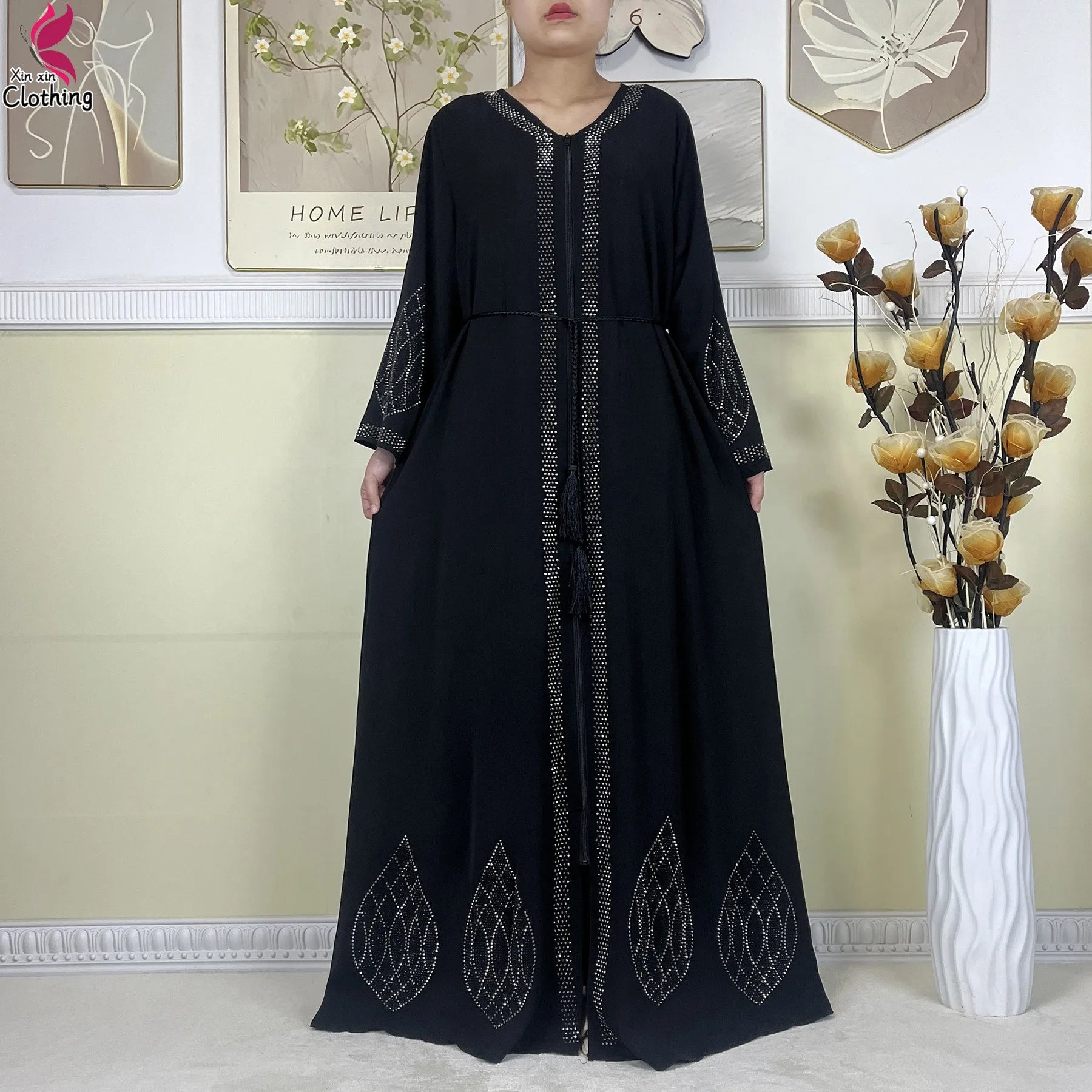 New Muslim Abayas For Women Long Sleeved Dress Dubai Lady Elegant Long Dress Islam Clothing African Abaya Loose Robe With Turban--Color: LS821-11