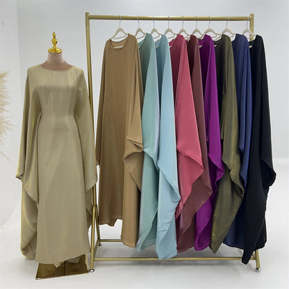 ramadan Eid Abayas For Women Modest Fashion Shimmer Batwing Satin Abaya Dubai Luxury 2024 Muslim Kaftan Dress Kebaya Vestidos--Color: Beige