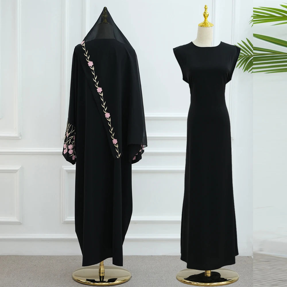 Open Abaya Dubai Embroidery Muslim Hijab Dress Women Islam Clothing Turkey Kaftan Kimono Jalabiya Kebaya Caftan Marocain Femme--Color: Pink 2PCS 1