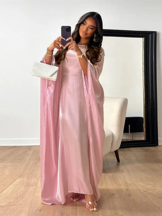 ramadan Eid Abayas For Women Modest Fashion Shimmer Batwing Satin Abaya Dubai Luxury 2024 Muslim Kaftan Dress Kebaya Vestidos--Color: Beige