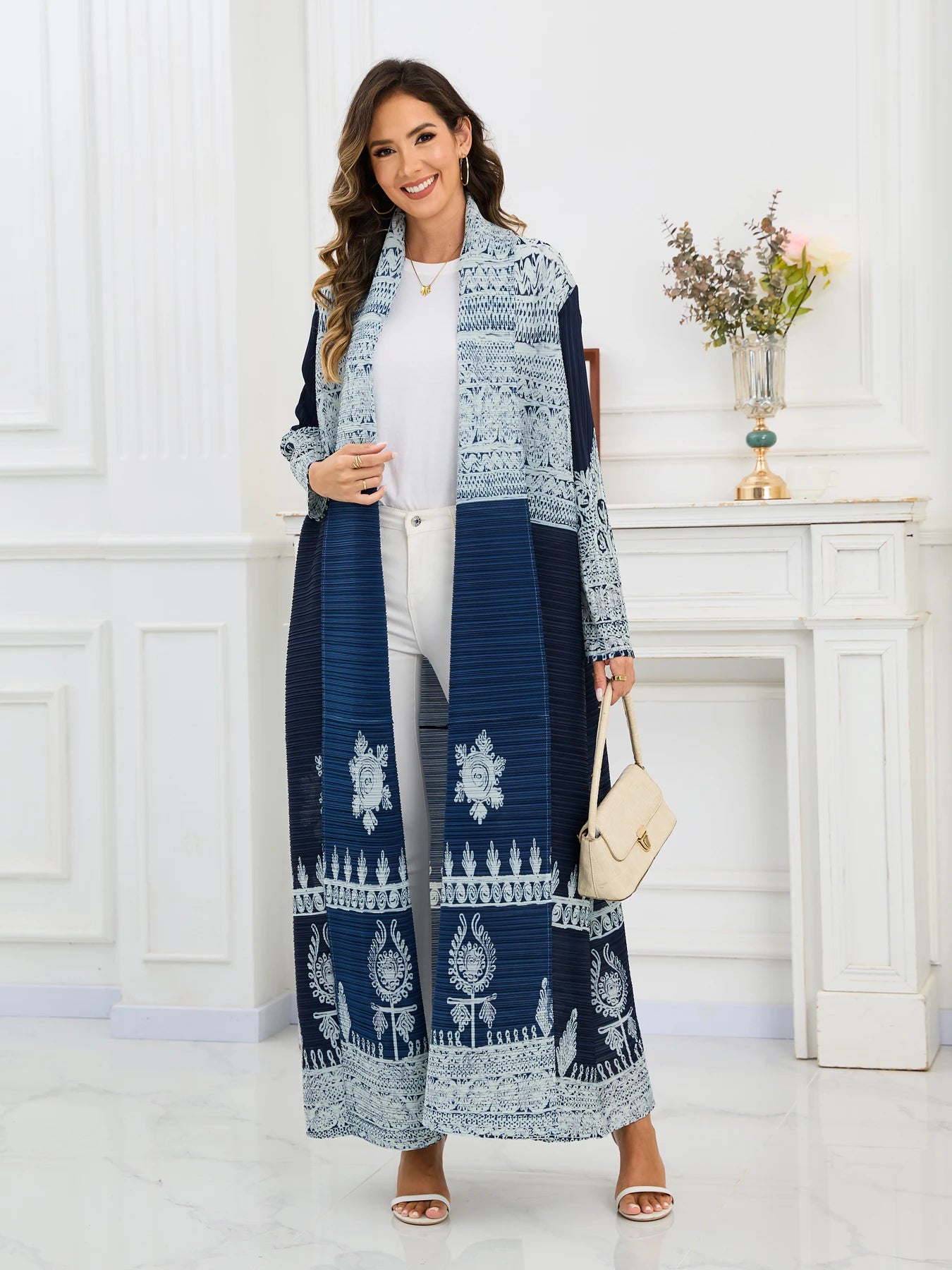 Eid Abaya Dubai Luxury For Women Miyake Pleated Plus Size Middle Eastern Clothing Long Sleeve Coat With Belt Female Formal Robe--Color: Dark Blue