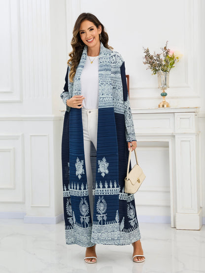 Eid Abaya Dubai Luxury For Women Miyake Pleated Plus Size Middle Eastern Clothing Long Sleeve Coat With Belt Female Formal Robe--Color: Dark Blue