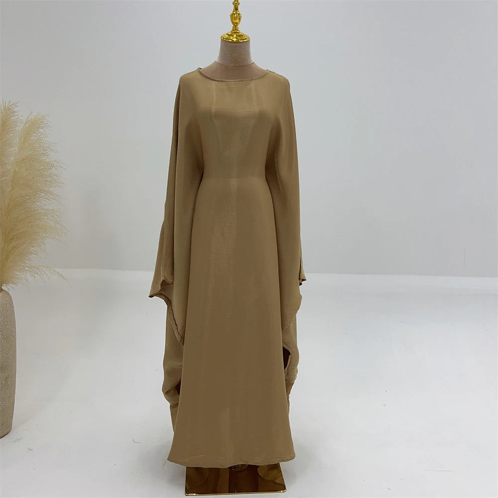 ramadan Eid Abayas For Women Modest Fashion Shimmer Batwing Satin Abaya Dubai Luxury 2024 Muslim Kaftan Dress Kebaya Vestidos--Color: Beige