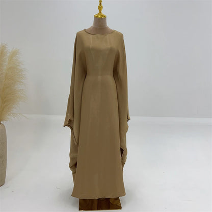 ramadan Eid Abayas For Women Modest Fashion Shimmer Batwing Satin Abaya Dubai Luxury 2024 Muslim Kaftan Dress Kebaya Vestidos--Color: Beige