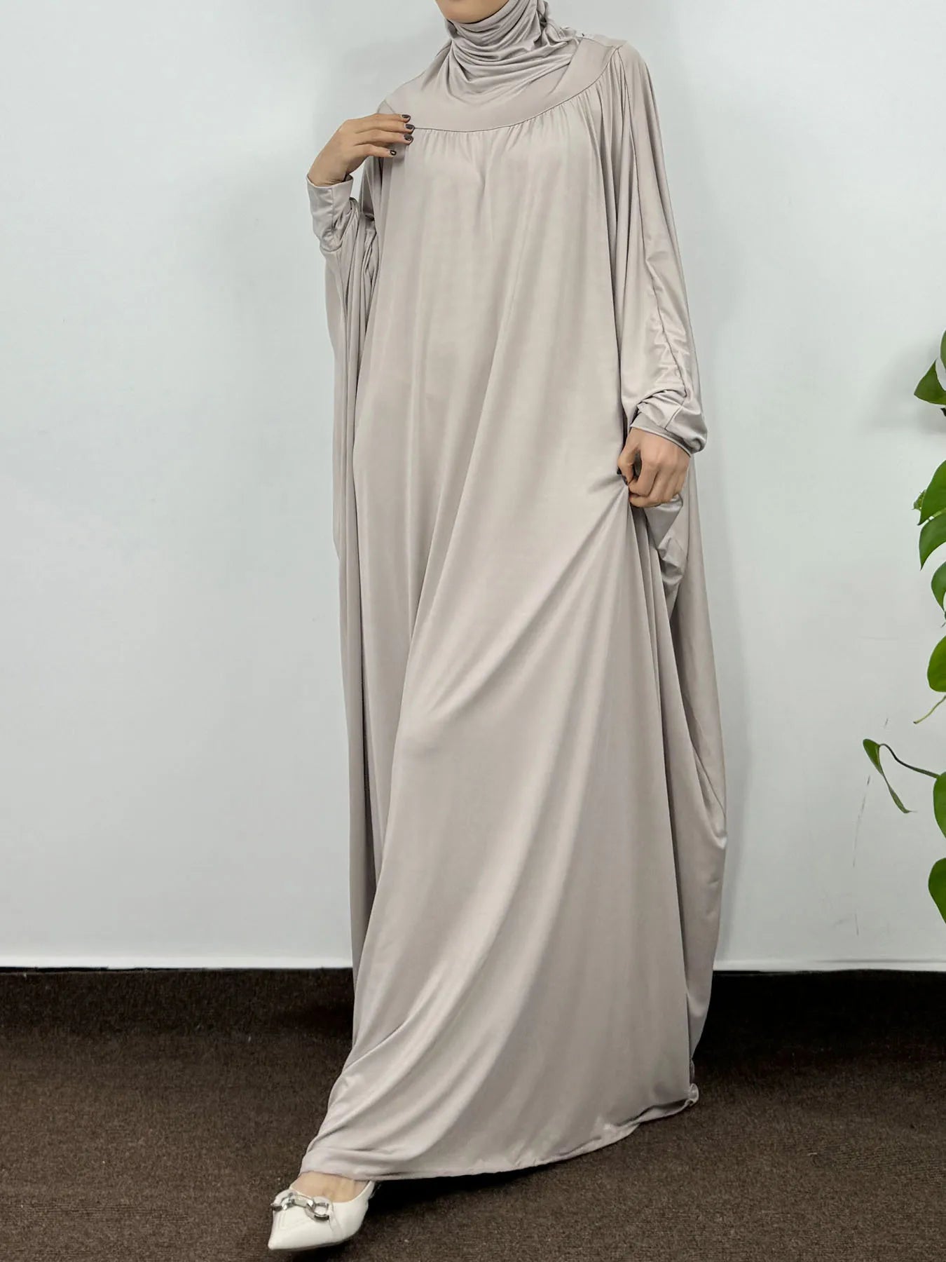 Islamic Abaya Modesty Ramadan Dress Muslim Abayas Hooded Long Sleeve One-piece Prayer Hijab Dress Women Jilbabs Turkish Kaftans--Color: GRAY