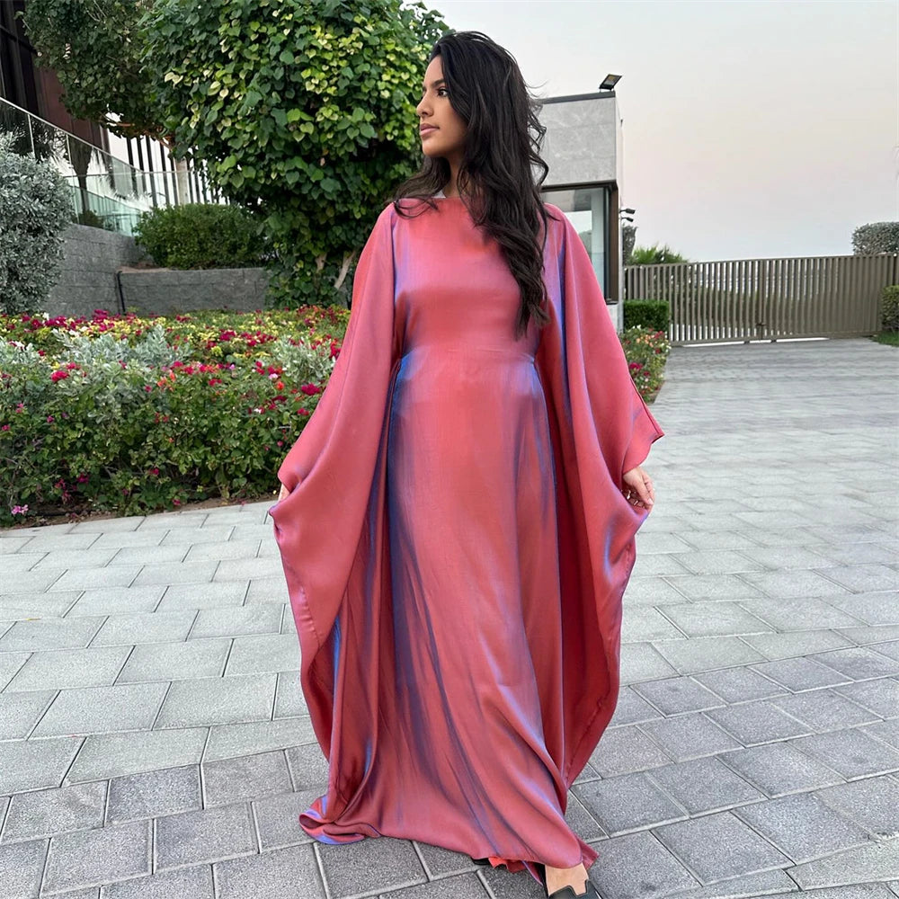 ramadan Eid Abayas For Women Modest Fashion Shimmer Batwing Satin Abaya Dubai Luxury 2024 Muslim Kaftan Dress Kebaya Vestidos--Color: Beige