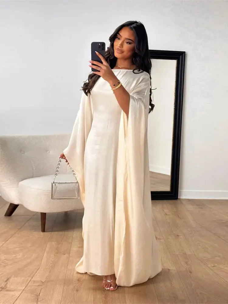 ramadan Eid Abayas For Women Modest Fashion Shimmer Batwing Satin Abaya Dubai Luxury 2024 Muslim Kaftan Dress Kebaya Vestidos--Color: Beige