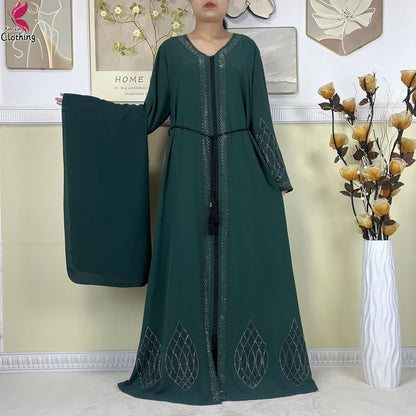New Muslim Abayas For Women Long Sleeved Dress Dubai Lady Elegant Long Dress Islam Clothing African Abaya Loose Robe With Turban--Color: LS821-9