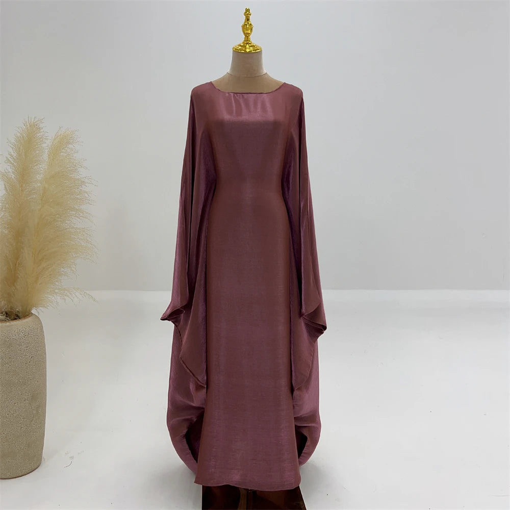 ramadan Eid Abayas For Women Modest Fashion Shimmer Batwing Satin Abaya Dubai Luxury 2024 Muslim Kaftan Dress Kebaya Vestidos--Color: Beige