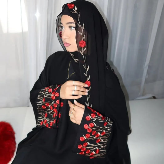 Open Abaya Dubai Embroidery Muslim Hijab Dress Women Islam Clothing Turkey Kaftan Kimono Jalabiya Kebaya Caftan Marocain Femme--Color: Red Abaya